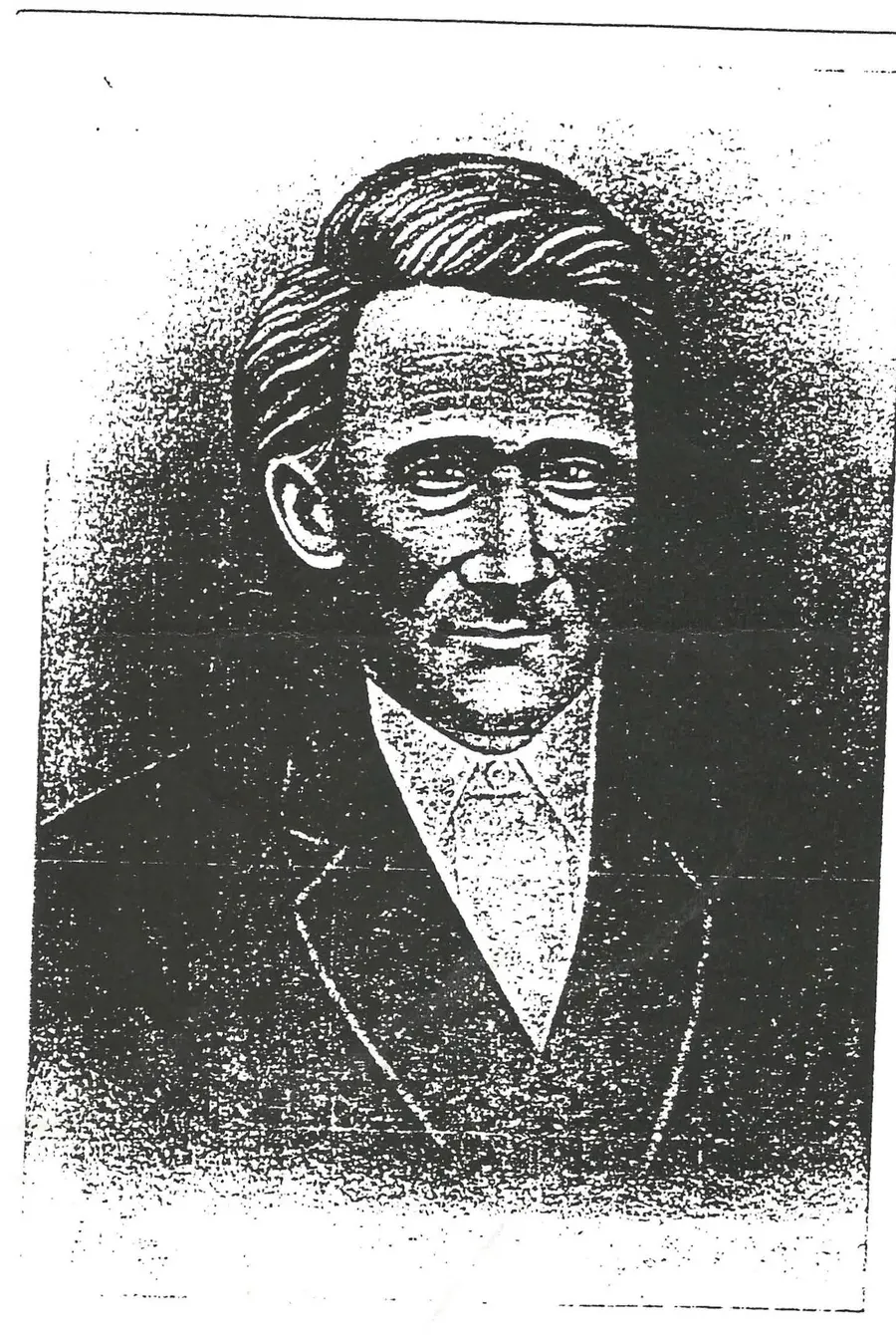 A high-contrast archival portrait reproduced like an old newspaper halftone